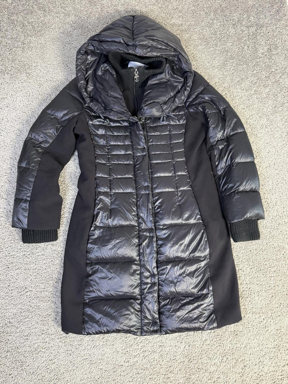 Tahari Coat Womens M Black Goose Down Puffer Hooded Lined Pockets Full Zip